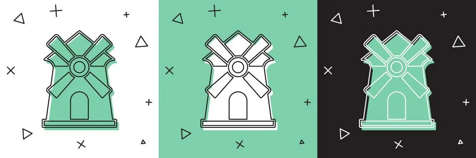 Set Windmill icon isolated on white and green, black background. Vector Stock Illustration