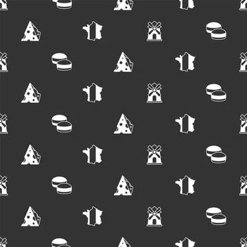 Set Windmill, Macaron cookie, Cheese and Map of France on seamless pattern 스톡 일러스트