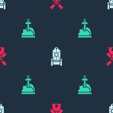 Set Windmill, Medieval throne and Sword the stone on seamless pattern. Vector Stock Illustration