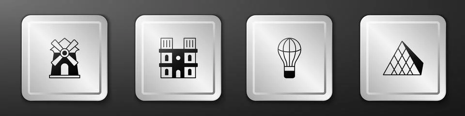 Set Windmill, Notre Dame de Paris, Hot air balloon and Louvre glass pyramid icon Illustration