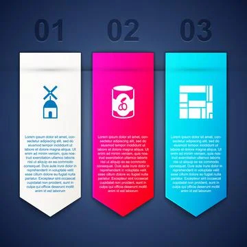 Set Windmill, Olives can and House Edificio Mirador. Business infographic Stock-Illustration