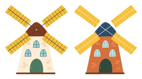 Set with windmills isolated on white background in cartoon style. Hand drawn Stock-Illustration