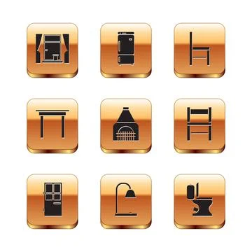Set Window with curtains, Closed door, Table lamp, Interior fireplace, Wooden Stock Illustration