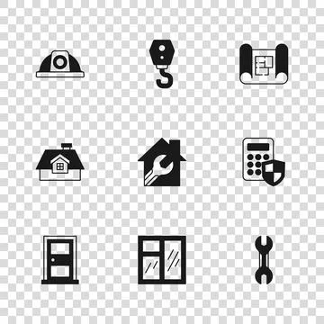 Set Window in room, Security keypad access panel, Wrench spanner, House wit.. Stock Illustration