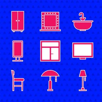 Set Window in the room, Table lamp, Floor, Picture frame on table, Chair, Big Stock Illustration
