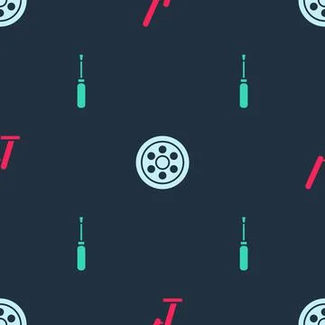 Set Windscreen wiper, Alloy wheel and Screwdriver on seamless pattern. Vector Stock Illustration