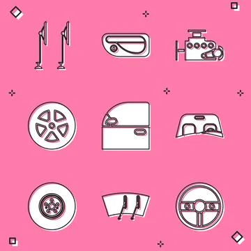 Set Windscreen wiper, Car door handle, engine, wheel, windscreen, brake disk and Illustration