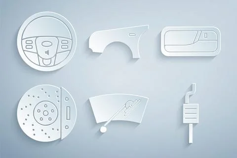 Set Windscreen wiper, Car door handle, brake disk with caliper, muffler, fe.. Stock Illustration