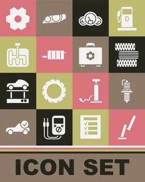 Set Windscreen wiper, Car spark plug, tire wheel, Speedometer, muffler, Gear Stock Illustration