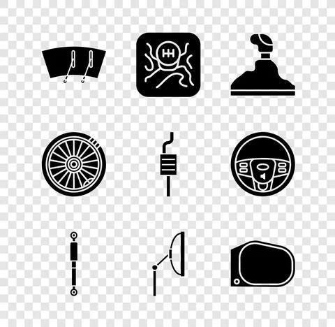 Set Windscreen wiper, Gear shifter, Shock absorber, Car mirror, wheel and Illustration