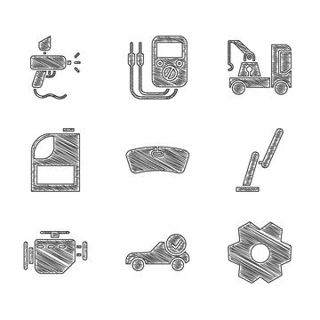 Set Windshield, Auto service check automotive, Gear, Windscreen wiper, Check Ilustración de archivo