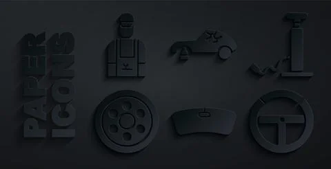 Set Windshield, Car air pump, Alloy wheel, Steering, Broken car and mechanic Ilustración de archivo