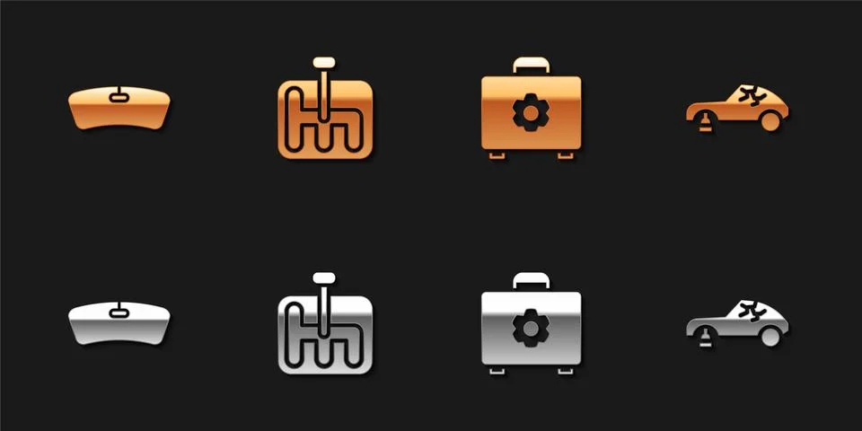 Set Windshield, Gear shifter, Toolbox and Broken car icon. Vector Illustration
