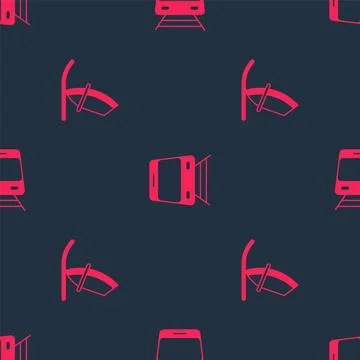 Set Windsurfing and Train and railway on seamless pattern. Vector Stock Illustration