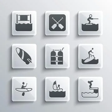 Set Windsurfing, Swimmer diving into pool, Surfboard, Aqualung, Kayak and paddle Stock Illustration