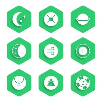 Set Windy weather, Air element, Sun, Earth globe, Neptune planet, Eclipse o.. Ilustração Stock