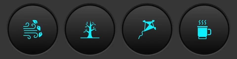 Set Windy weather, Bare tree, Kite and Cup of tea icon. Vector Stock Illustration