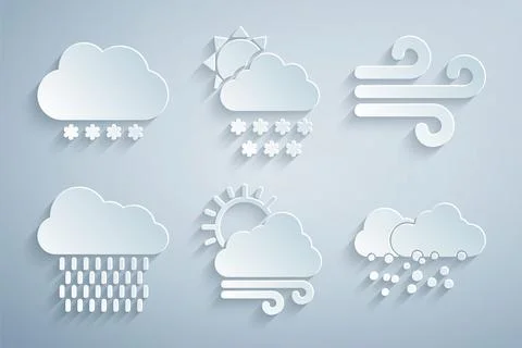 Set Windy weather, Cloud with rain, snow, and sun and  icon. Vector Stock Illustration