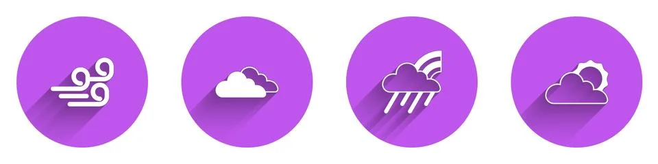 Set Windy weather, Cloud, Rainbow with cloud and rain and Sun icon with long Stock Illustration
