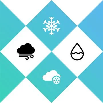 Set Windy weather, Cloud with snow, Snowflake and Water drop icon. Vector イラスト素材