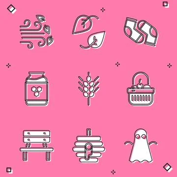 Set Windy weather, Leaf, Socks, Jar of honey, Wheat, Basket and food, Bench.. Stock Illustration