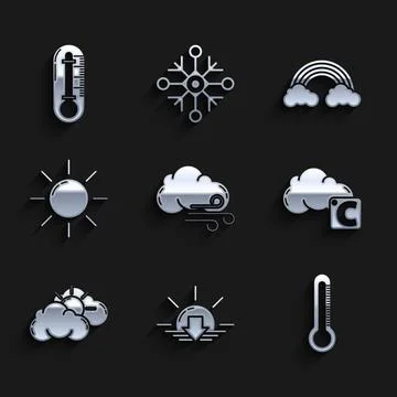 Set Windy weather, Sunset, Thermometer, Celsius and cloud, Rainbow with clouds Stock Illustration