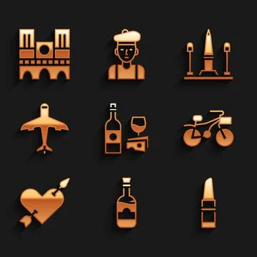 Set Wine bottle with cheese, Bottles of wine, Lipstick, Bicycle, Amour heart and Stock-Illustration