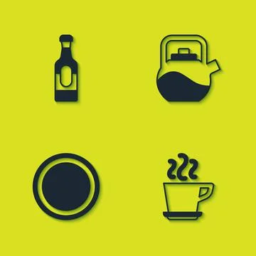 Set Wine bottle, Coffee cup, Plate and Kettle with handle icon. Vector Illustration