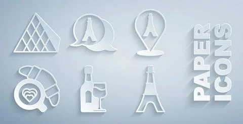 Set Wine bottle with glass, Eiffel tower, Coffee cup croissant, and Louvre .. Illustrazione stock