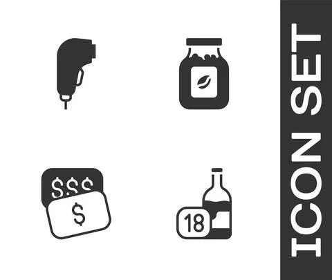 Set Wine bottle, Scanner scanning bar code, New price tag dollar and Coffee jar Stock Illustration