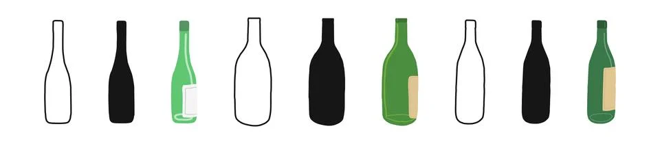Set of Wine Bottles in Different Styles Silhouette, Outline, Colored Versions Stock Illustration