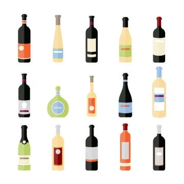 Set of wine bottles in flat. Isolated flat wine bottles. Different kinds of wine Stock Illustration