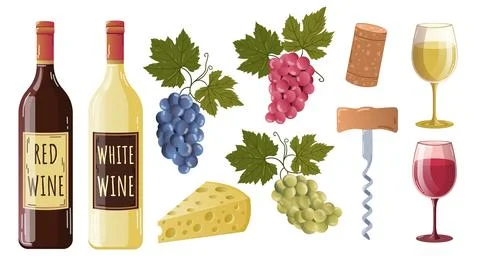 Set of wine bottles, white red glasses, and cheese grapes. Isolated on white bac Stock Illustration