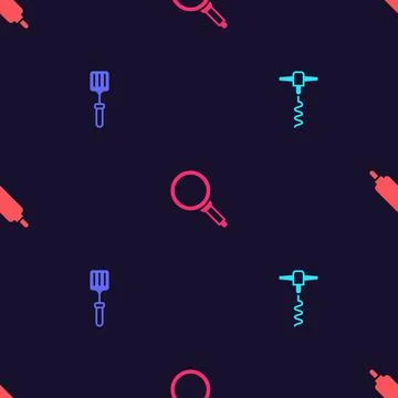 Set Wine corkscrew, Barbecue spatula, Frying pan and Rolling pin on seamles.. Stock Illustration