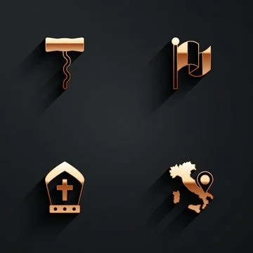 Set Wine corkscrew, Flag Italy, Pope hat and Map of icon with long shadow Illustrazione stock