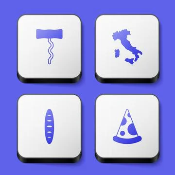 Set Wine corkscrew, Map of Italy, French baguette bread and Slice pizza icon Stock Illustration