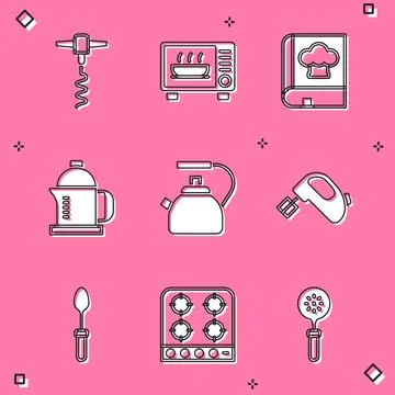 Set Wine corkscrew, Microwave oven, Cookbook, French press, Kettle with han.. Illustration