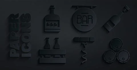 Set Wine corkscrew, Opened bottle of wine, Pack beer bottles, Wooden barrels, Ilustração Stock