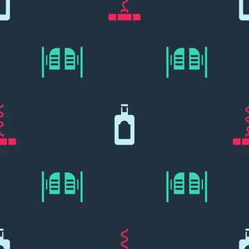 Set Wine corkscrew, Whiskey bottle and Saloon door on seamless pattern. Vector Stock Illustration