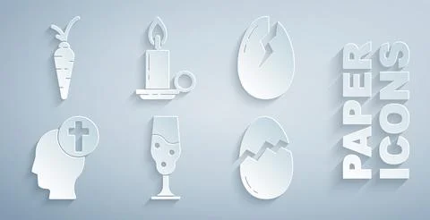 Set Wine glass, Broken egg, Human head with christian cross, Burning candle Stock Illustration