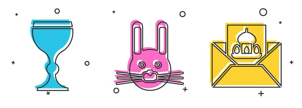 Set Wine glass, Easter rabbit and Greeting card with Happy Easter icon. Vector Illustrazione stock