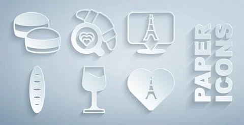 Set Wine glass, Eiffel tower, French baguette bread, with heart, Coffee cup Stock-Illustration