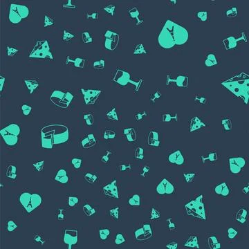 Set Wine glass, Eiffel tower with heart, Cheese and on seamless pattern. Vector Stock Illustration