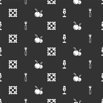 Set Wine glass, Fork, Checkered napkin and Fruit on seamless pattern. Vector Stock Illustration