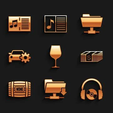 Set Wine glass, FTP folder download, Headphones and CD or DVD, Paper money Stock Illustration