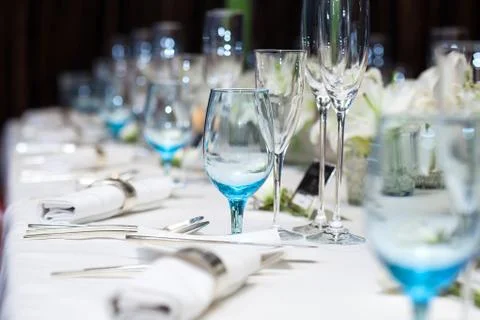 Set up wine glass on the table for dinner at restaurant Stock Photos