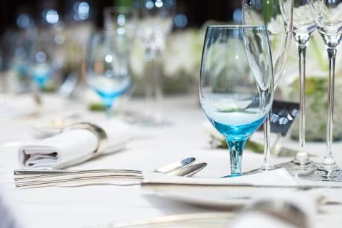 Set up wine glass on the table for dinner at restaurant Stock Photos