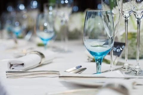 Set up wine glass on the table for dinner at restaurant Stock Photos