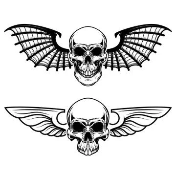 Set of the winged craniums. Skull with bat wings. Design elements for logo, l Stock Illustration