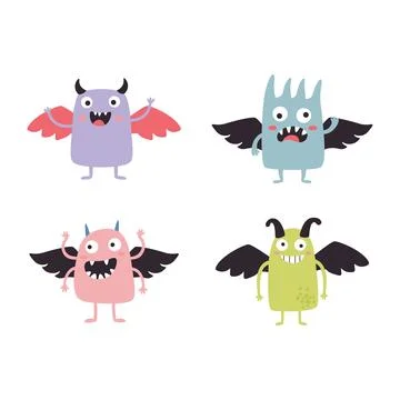 Set of Winged Cute Crazy Ugly Monster Cartoon Character with Humor Happy Ex.. Stock Illustration